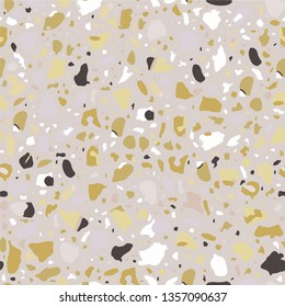 Terrazzo flooring seamless beige pattern. Vector stone, marble texture, modern surface. Abstract brown background
