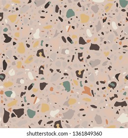 Terrazzo flooring seamless beige pattern. Vector stone, marble texture, modern surface. Abstract brown background