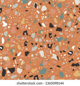 Terrazzo flooring seamless beige pattern. Vector stone, marble texture, modern surface. Abstract brown background