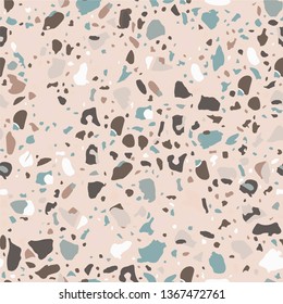 Terrazzo flooring seamless beige pattern. Vector stone, marble texture, modern surface. Abstract brown background