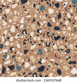 Terrazzo flooring seamless beige pattern. Vector stone, marble texture, modern surface. Abstract brown background