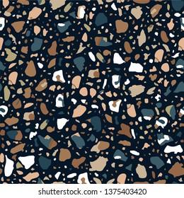 Terrazzo flooring seamless beige pattern. Vector stone, marble texture, modern surface. Abstract brown background