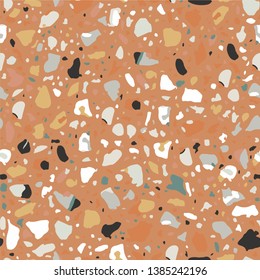Terrazzo flooring seamless beige pattern. Vector stone, marble texture, modern surface. Abstract brown background