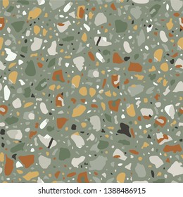 Terrazzo flooring seamless beige pattern. Vector stone, marble texture, modern surface. Abstract brown background