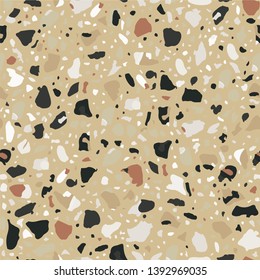 Terrazzo flooring seamless beige pattern. Vector stone, marble texture, modern surface. Abstract brown background