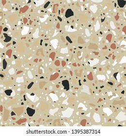 Terrazzo flooring seamless beige pattern. Vector stone, marble texture, modern surface. Abstract brown background