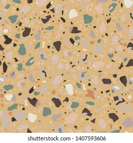 Terrazzo flooring seamless beige pattern. Vector stone, marble texture, modern surface. Abstract brown background