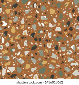 Terrazzo flooring seamless beige pattern. Vector stone, marble texture, modern surface. Abstract brown background