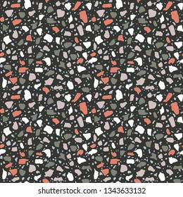 Terrazzo flooring seamless black pattern. Vector stone, marble texture. Abstract background