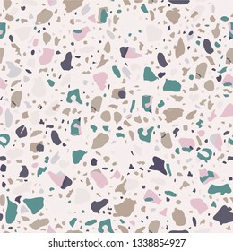 Terrazzo flooring seamless blue pattern. Vector stone, marble texture, modern surface. Abstract background