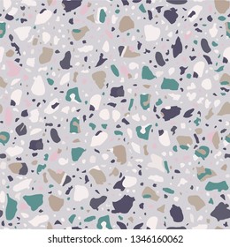 Terrazzo flooring seamless blue pattern. Vector stone, marble texture, modern surface. Abstract background