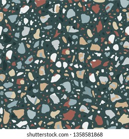 Terrazzo flooring seamless blue pattern. Vector stone, marble texture, modern surface. Abstract background
