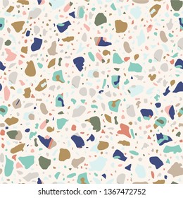 Terrazzo flooring seamless blue pattern. Vector stone, marble texture, modern surface. Abstract background