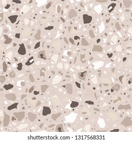 Terrazzo flooring seamless grey pattern. Texture of white telltale chips by Venetian style with soft neutral tones.