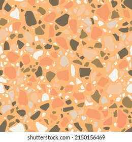 Terrazzo flooring, seamless orange texture. Floor tile, polished stone pattern. Marble surface background. Vector wallpaper