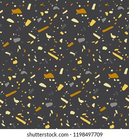 Terrazzo flooring seamless pattern. Abstract geometric background in gold and grey color. Bright stone, pebble,glass, granite, marble collage. Modern fashion festive party texture. Vector illustration