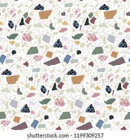 Terrazzo flooring seamless pattern. Abstract geometric background. Natural pebble, stone, glass, granite, marble collage. Modern texture in classical italian style. Vector illustration.