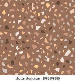 Terrazzo flooring seamless pattern. Abstract textured background with broken small tile chips. Modern stone color brown marble wallpaper. Vector illustration.