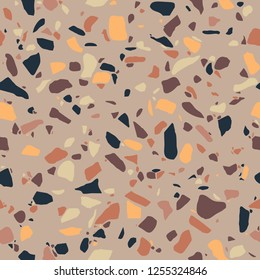 Terrazzo flooring seamless pattern. Brown beige mosaic floor. Tile with pebbles and stone. Abstract texture background with polished rock surface. Vector