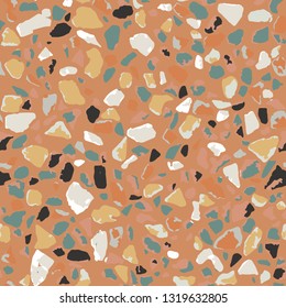 Terrazzo flooring, seamless pattern, brown background texture. Abstract vector design for print on floor, wall, tile or textile.