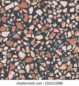 Terrazzo flooring, seamless pattern, brown background texture. Abstract vector design for print on floor, wall, tile or textile.