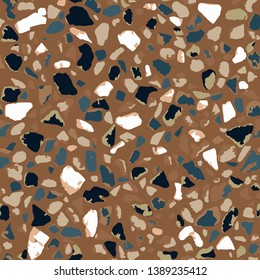 Terrazzo flooring, seamless pattern, brown background texture. Abstract vector design for print on floor, wall, tile or textile.