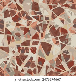 Terrazzo Bodenbelag nahtlose Muster. Braunbeige Mosaikfußboden. Fliesen mit Kies und Stein. Abstrakter Texturhintergrund mit polierter Felsoberfläche. Vektorgrafik