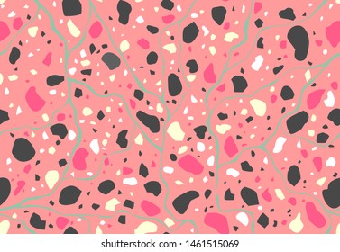 Terrazzo flooring seamless pattern with colorful pink marble rocks. Classic interior material background of color mosaic stone.