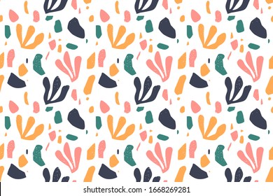 Terrazzo flooring seamless pattern with colorful rocks and abstract tropical elements. Classic interior material background mosaic. Trendy fashion print wallpaper for textile project or web backdrop.