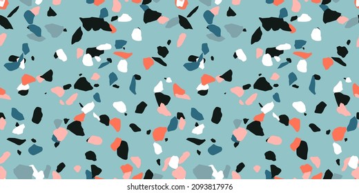 Terrazzo flooring seamless pattern with colorful marble rocks. Classic interior material background of mosaic stone. Trendy fashion print wallpaper for textile project or web backdrop.