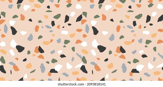 Terrazzo flooring seamless pattern with colorful marble rocks. Classic interior material background of mosaic stone. Trendy fashion print wallpaper for textile project or web backdrop.