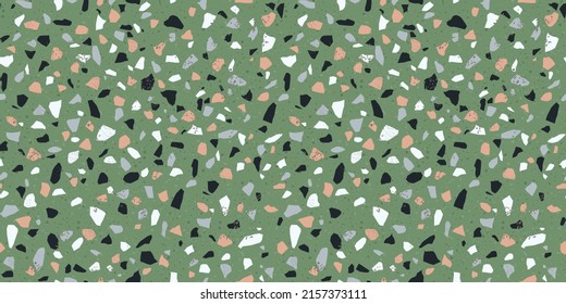 Terrazzo flooring seamless pattern with colorful marble rocks. Realistic interior material background of mosaic stone. Trendy fashion print wallpaper for textile project or web backdrop.