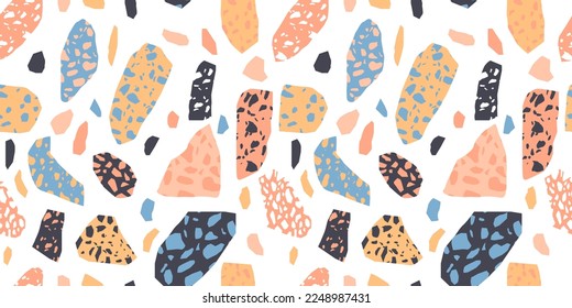 Terrazzo flooring seamless pattern with colorful marble rocks. Classic interior material background of mosaic stone. Trendy fashion print wallpaper for textile project or web backdrop.