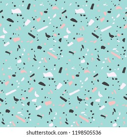 Terrazzo flooring seamless pattern. Confetti party design. Abstract geometric background. Natural stone, glass, granite, marble collage. Modern texture in classical italian style. Vector illustration
