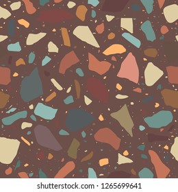 Terrazzo flooring seamless pattern. Marble mosaic made in colored polished pebble. Vector background