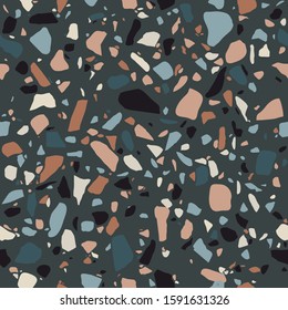 Terrazzo flooring seamless pattern. Marble mosaic made in colored polished pebble. Vector background