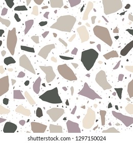 Terrazzo flooring, seamless pattern in pastel colors. Polished rock surface. Tender white background with colored stones. Vector texture 