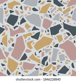 Terrazzo-Boden, nahtloses Muster in Pastellfarben. Polierte Felsoberfläche. Zarter Hintergrund mit farbigen Steinen. Vektorstruktur 
