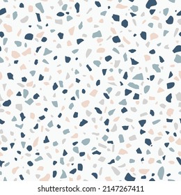 Suelo de terrazo, sin fisuras en tonos pastel. Superficie rocosa pulida. Fondo blanco tenso con piedras de color. Textura vectorial 