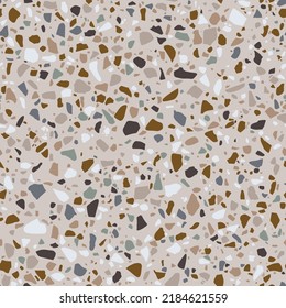 El suelo de Terrazzo es impecable. El fondo es marrón pastel y beige. Mosaico veneciano con patatas de piedra, hecho en guijarros pulidos de colores. Baldosas de mármol italianas. Papel de pantalla