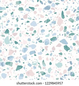Terrazzo flooring seamless pattern. Realistic vector texture of mosaic floor with natural stones, granite, marble, quartz, colorful glass, concrete. Trendy repeat design in pink, blue and green colors