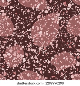 Terrazzo flooring seamless pattern. Realistic vector texture of mosaic floor with natural stones, granite, marble, quartz, pebbles, concrete. Trendy repeat decorative design in burgundy and pink color