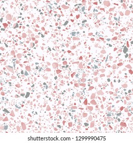 Terrazzo flooring seamless pattern. Realistic vector texture of mosaic floor with natural stones, granite, marble, quartz, colorful glass, concrete. Trendy repeat design in pink, white and green color