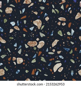 Terrazzo flooring seamless pattern. Realistic vector texture of mosaic floor with natural stones, granite, marble, colorful glass, concrete. 