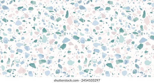 Terrazzo flooring seamless pattern. Realistic vector texture of mosaic floor with natural stones, granite, marble, quartz, colorful glass, concrete. Repeat design in pink, blue, green, white colors