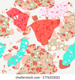 Terrazzo-Boden mit nahtlosem Muster. Textur bestehend aus Naturstein, Granit, Quarz, Marmor, Glas und Beton. Trendy abstrakte Vektorgrafik.