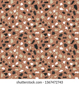 Terrazzo flooring seamless pattern. Vector stone, marble texture, modern surface. Abstract brown background
