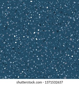 Terrazzo flooring seamless pattern. Vector texture of mosaic floor with natural stones, granite, marble, quartz, colored glass, confetti. Terazzo print. Background in dark blue colors. Trendy design