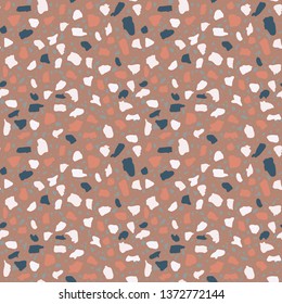Terrazzo flooring seamless pattern. Vector stone, marble texture, modern surface. Abstract brown background