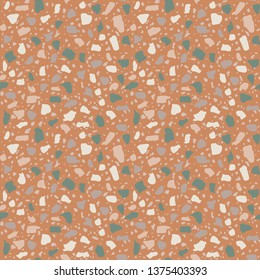 Terrazzo flooring seamless pattern. Vector stone, marble texture, modern surface. Abstract beige background